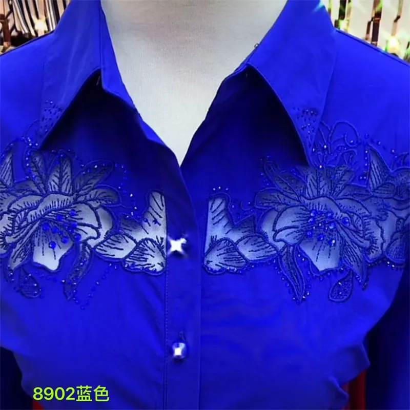 Fashion White Red Blue Shirts For Women New Temperament Design Embroidered Rhinestone Spring Autumn Summer Shirt Blous