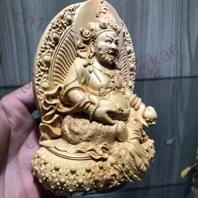 Hand Carved Boxwood Wooden Yellow Dzambhala Statue Figurine - Wealth God Tantric