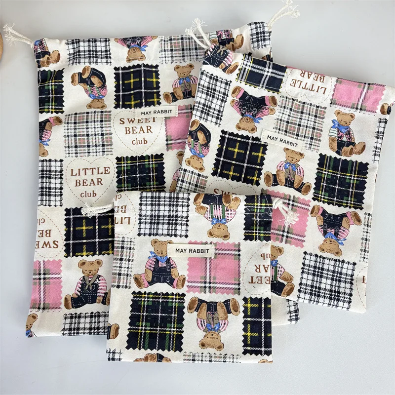 Plaid Bear Drawstring Bags Large Drawstring Bag Miscellaneous Items Organizer Dust-proof Bag Travel Packing Cubes Toiletry Bag