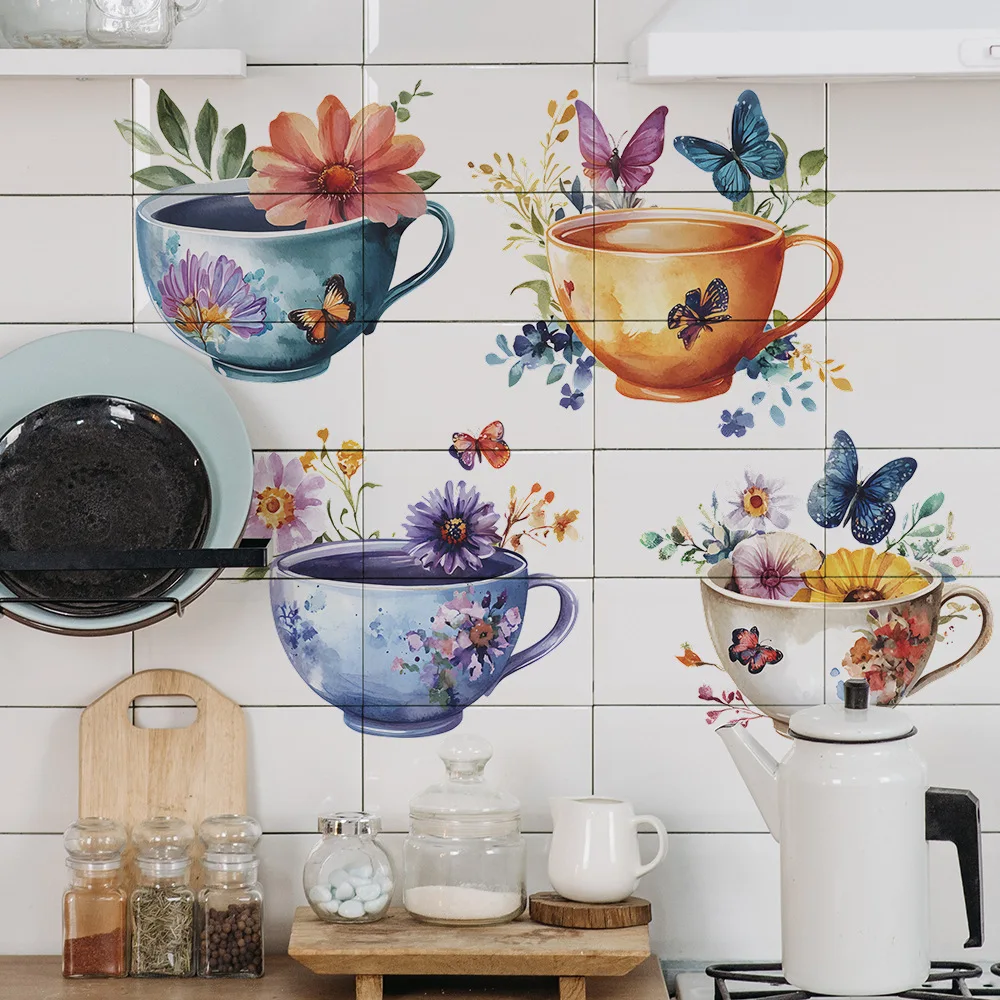 Creative Watercolor Exquisite Tea Cup Wall Sticker For Kitchen Restaurant Decoration Mural Room Background Home Decor Wallpaper