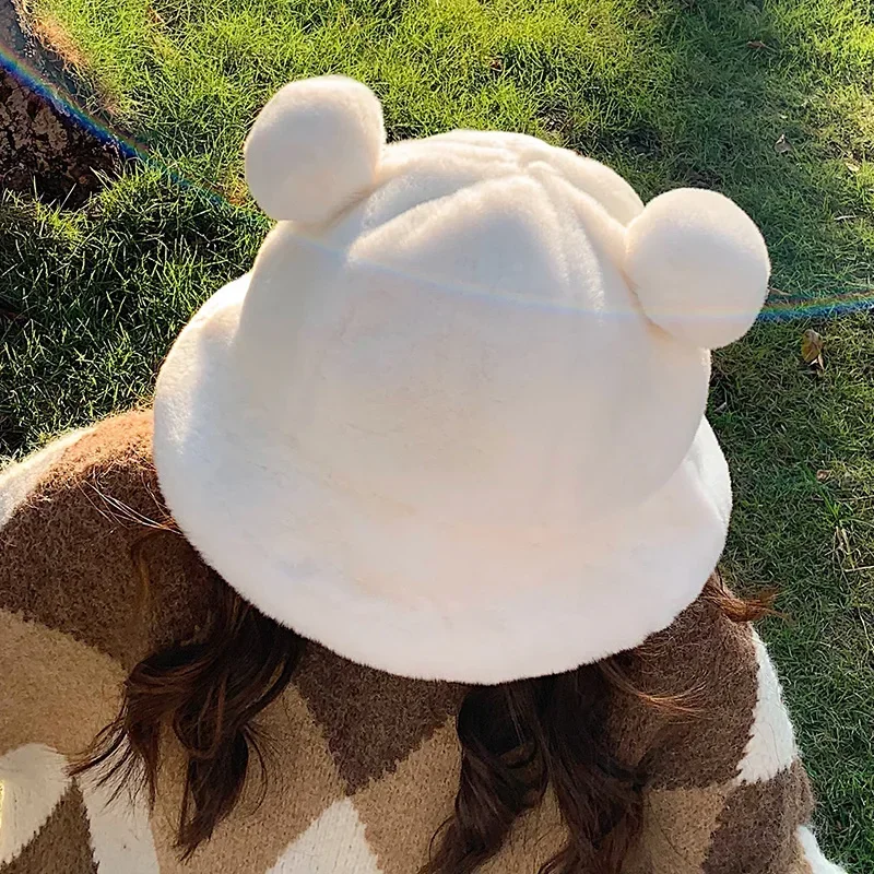 Cute Autumn Winter Leopard Fur Bucket Hat Bear Ear Ball Plush Fisherman Hat Soft Warm Thick Basin Hat Sun Protection Bucket Hats