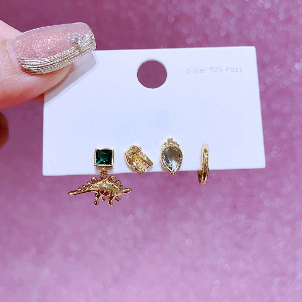 MIGGA 4pcs New Design Animals Dinosaur Stud Earrings Set for Women Gold Plated Crystal Party Jewelry