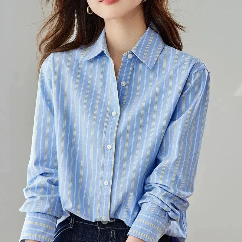

Colorful Striped Pure cotton Shirt Long sleeved 2026 Spring Autumn Loose Versatile Temperament Casual Oxford spun Shirts Top