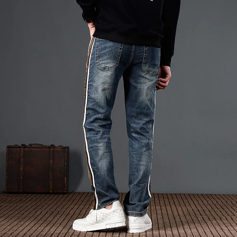 Loose straight tube washed blue denim pants for men's American high street fashion edging striped personalized jeans