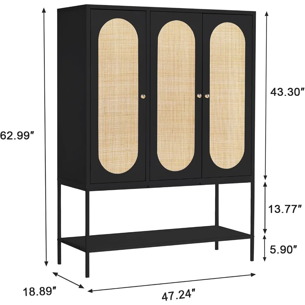 Armoire Wardrobe Closet with 3 Doors,Rattan Wardrobe Cabinet with Hanging Rail for Clothes, Freestanding Armoires Large Capacity