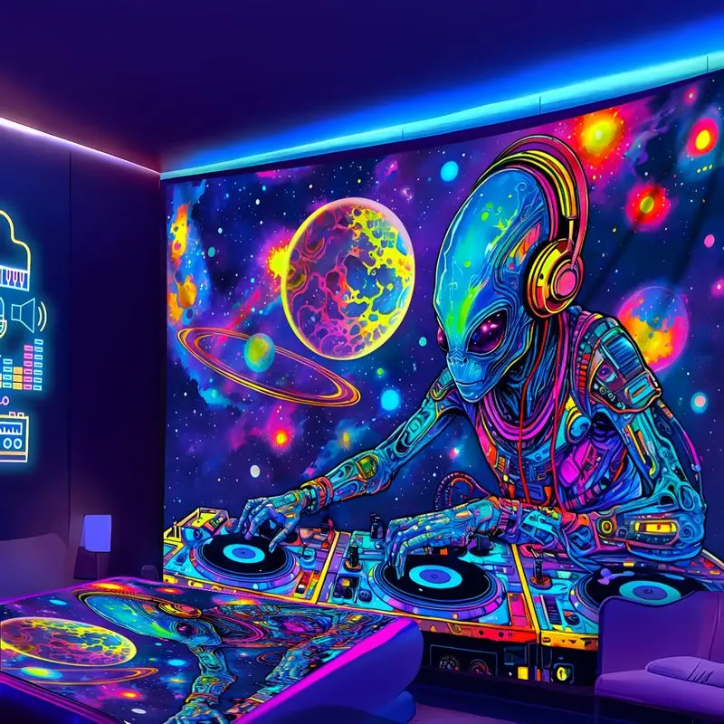 VIKAMA Alien DJ Space Tapestry Neon Psychedelic Wall Hanging For Bedroom Dorm Vibrant Aesthetic Background Home Decor