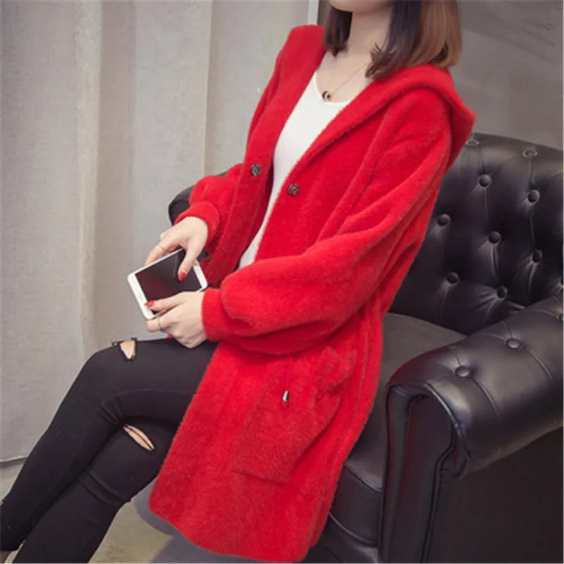 Women Autumn Winter Imitation Mink Cashmere Knitted Cardigans New Loose Sweater Coats Female Hooded Casual Outerwear