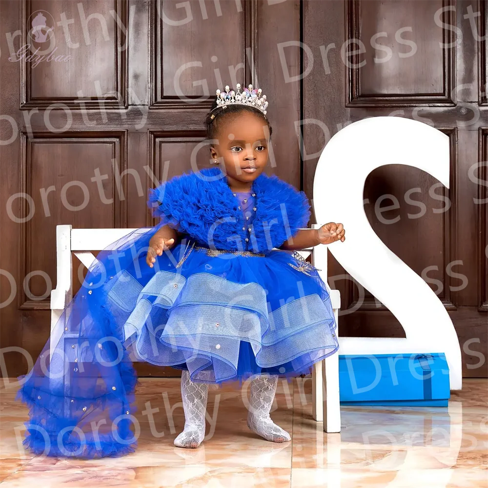 Royal Blue Ruffles Flower Girl Dress Tulle With Train For Wedding Party Baby Birthday Communion Customize Dress