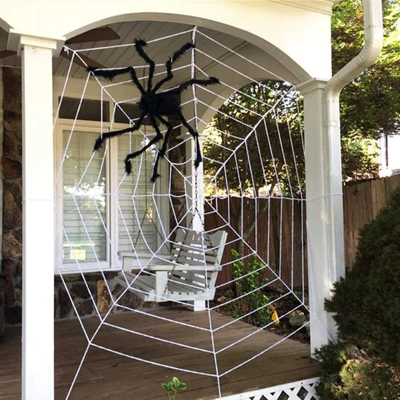 ABHU Halloween 12 قدم شبكة عنكبوت مستديرة عملاقة ودعائم عنكبوت مشعر وهمية باب ساحة مخيف وديكور خارجي مع نسيج العنكبوت المطاطي