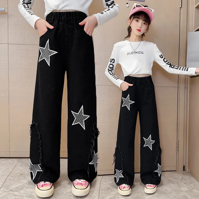 Girls' Jeans, Youthful Loose Casual Wide-Leg Pants. Five-Pointed Star Fresh Style Black. Blue Girls' Pants.