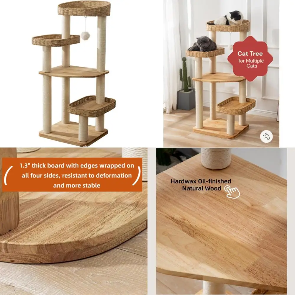 

Contemporary Wooden Cat Tower with Three Rattan Basket Beds and Plush Cushions for Scratching