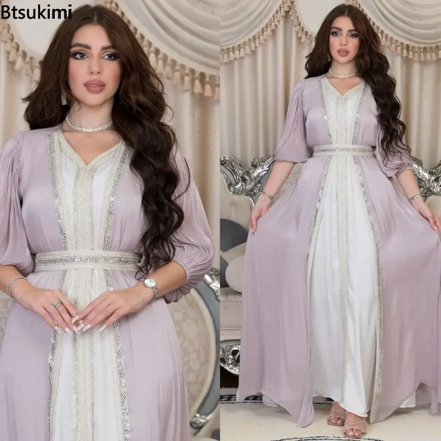 Fashion Three-piece Diamonds Satin Abaya for Women Muslim Dubai Indian Dress Light Luxury Muslim Moroccan Dress Loose Suit Dress