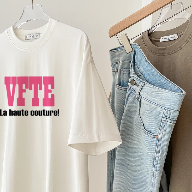 2025 ฤดูร้อนใหม่แฟชั่นอเนกประสงค์พิมพ์รอบคอหลวมแขนสั้นเสื้อยืดผู้หญิงสีขาวผ้าฝ้ายสีดํา A315