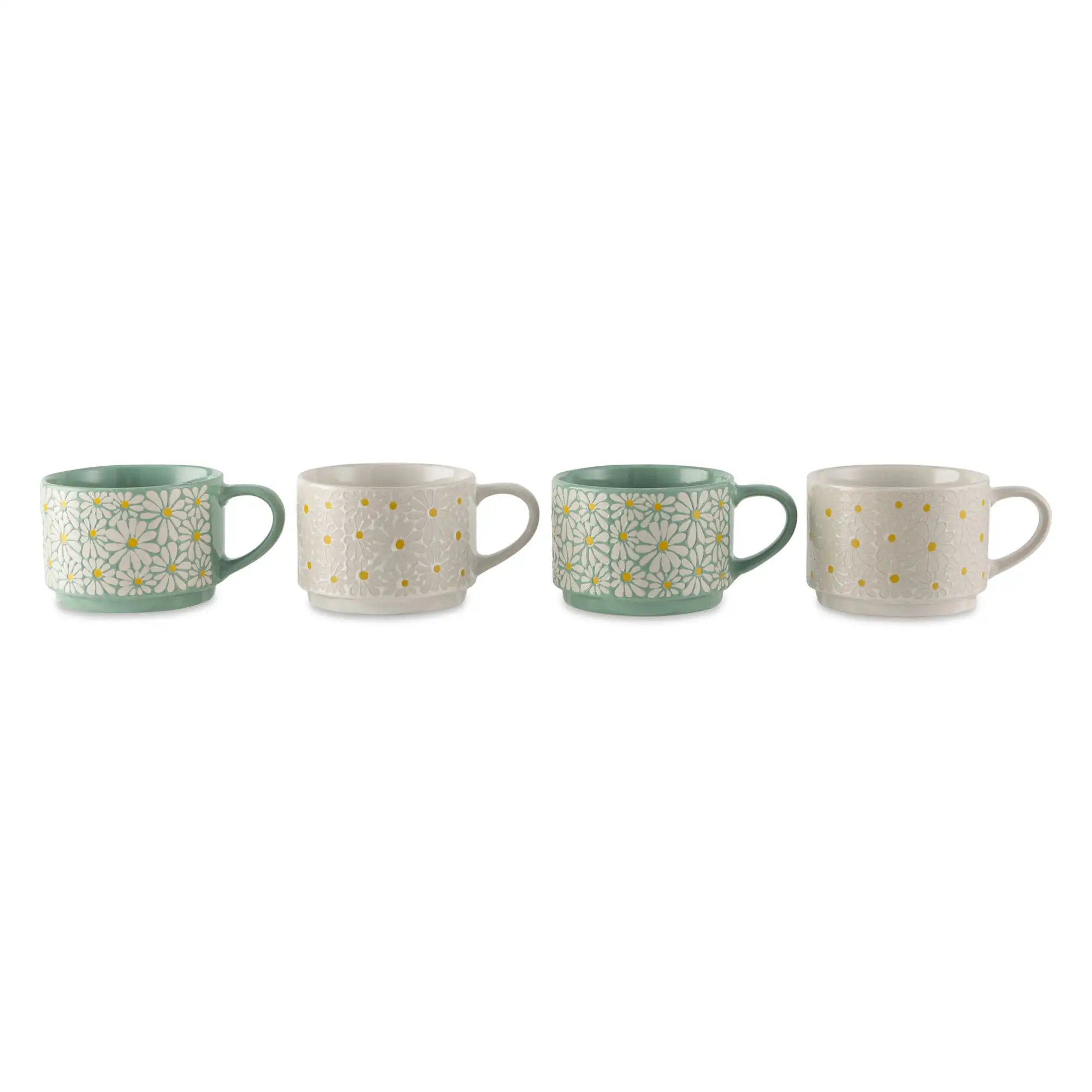 Thyme & Table White 4 Pack Stacking White and Green Floral Mugs 11.1 fl oz, Stoneware