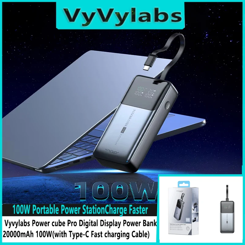 Vyvylabs  Digital Display Battery Portable Power Bank 20000mAh 100W (with Type-C cable)  Hihg Capacity External Battery ﻿