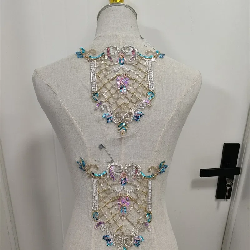 for Heavy Industry Embroidery Lace Flower Sticker Blue Gold Bead Sequined Pearl Cloth Patch for Wedding Dress Xiuhe DIY New