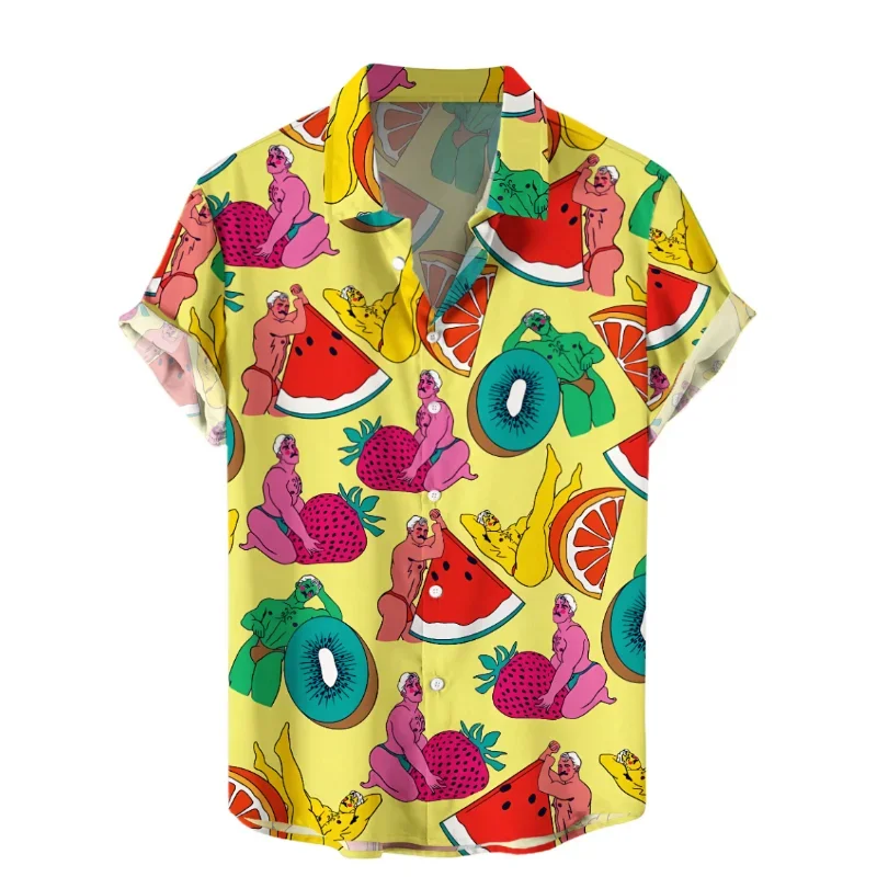 Funny Hawaiian Shirt Men Personality Summer Lapel Button Short Sleeve Shirts Top Street Fashion Oversized Blouse Male Clothing