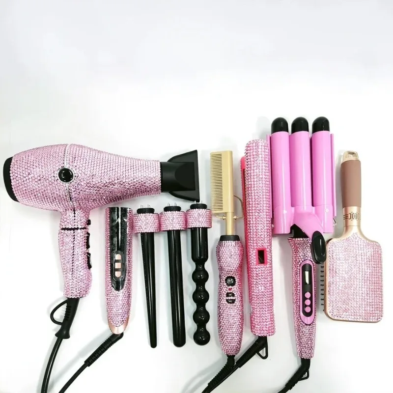 

Luxury salon hot hair tools set professional wide flat iron bling triple barrel curling iron Note the color and specification