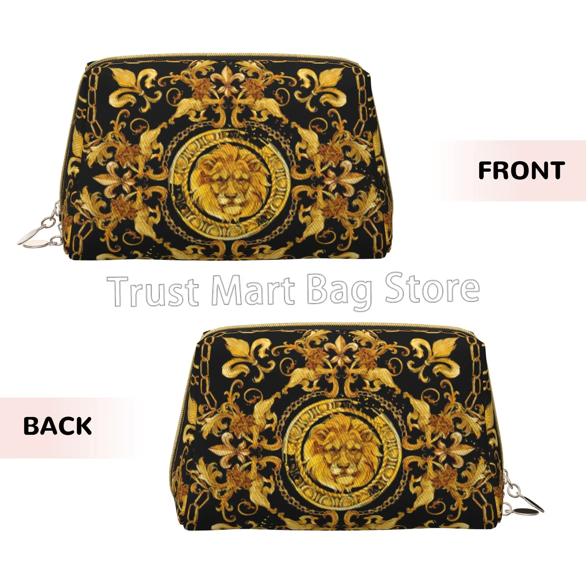 Golden Lion Baroque Print Leather Makeup Bag Large Capacity Travel Storage Pouch Portable Toiletry Cosmetic Bag for Women