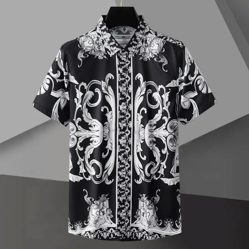 2023 Summer Shirt Men Hawaiian Shirts Streetwear Black Baroque Pattern Print Beach Shirt Hip Hop Casual Tropical Holiday Tops