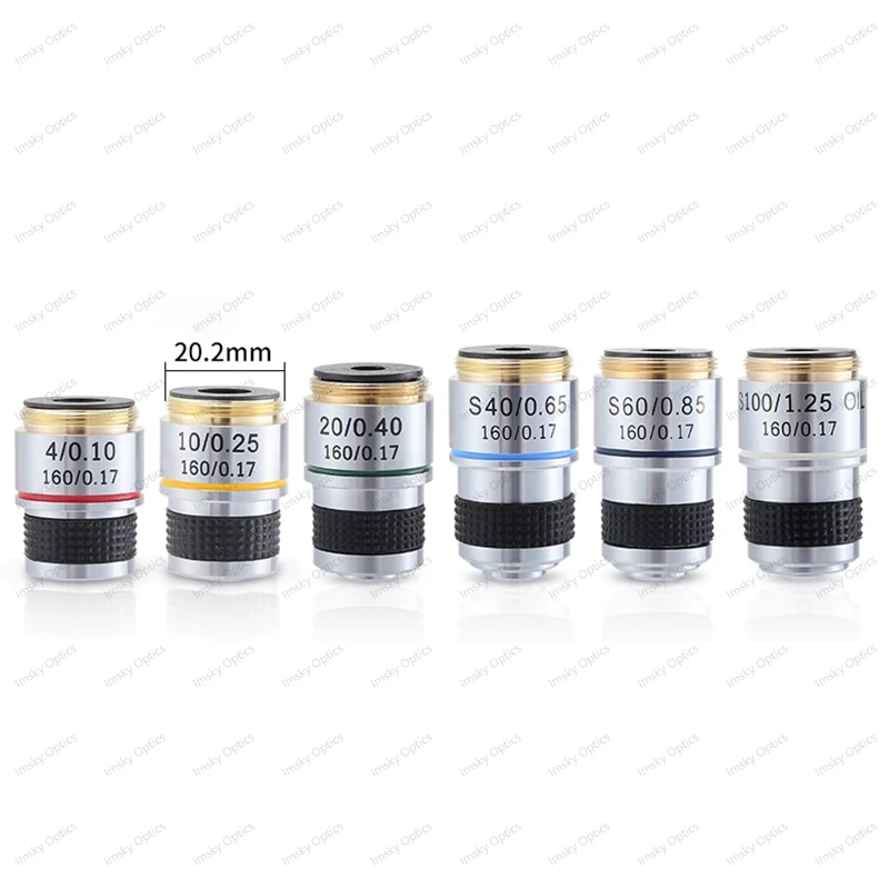 185 Achromatic Pure Copper objective Lens 4X 10X 20X 40X 60X 100X RMS 20.2mm for Biological Microscope Conjugate Distance 185 mm