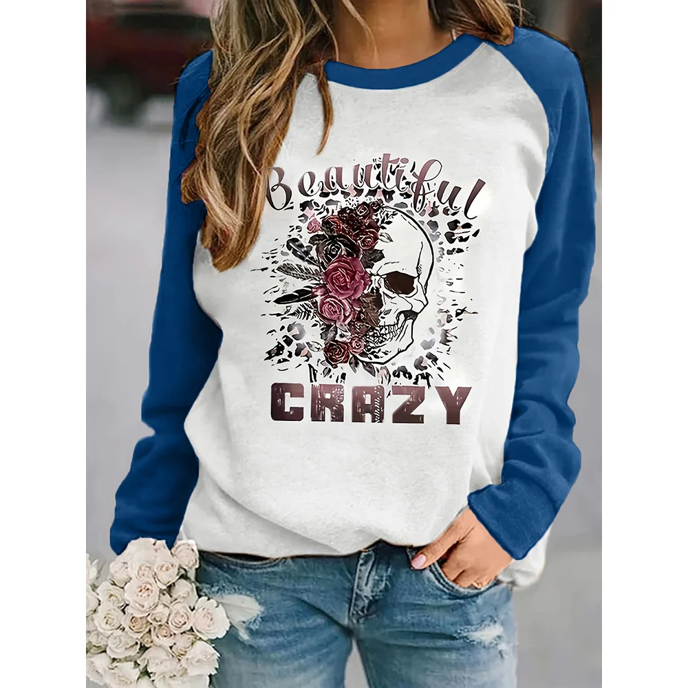 Women's Fashion Crazy and Skull Print Sweatshirt, Casual Long Sleeve Round Neck Sweatshirt, Women's Clothing Casual Sweatshirt