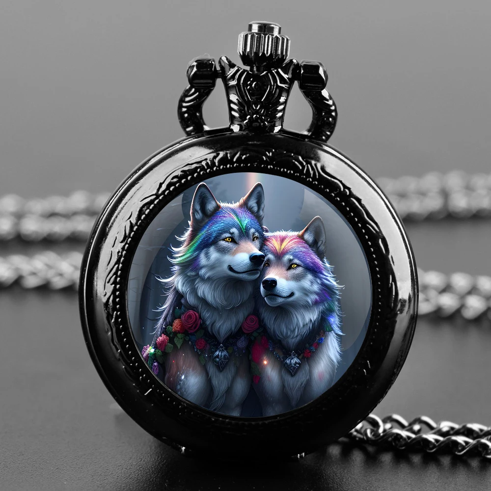 Rose Wolf Design Glass Dome Quartz Pocket Watch with Arabic Numeral Dial on Chain - Ideal Present for Special Occasions