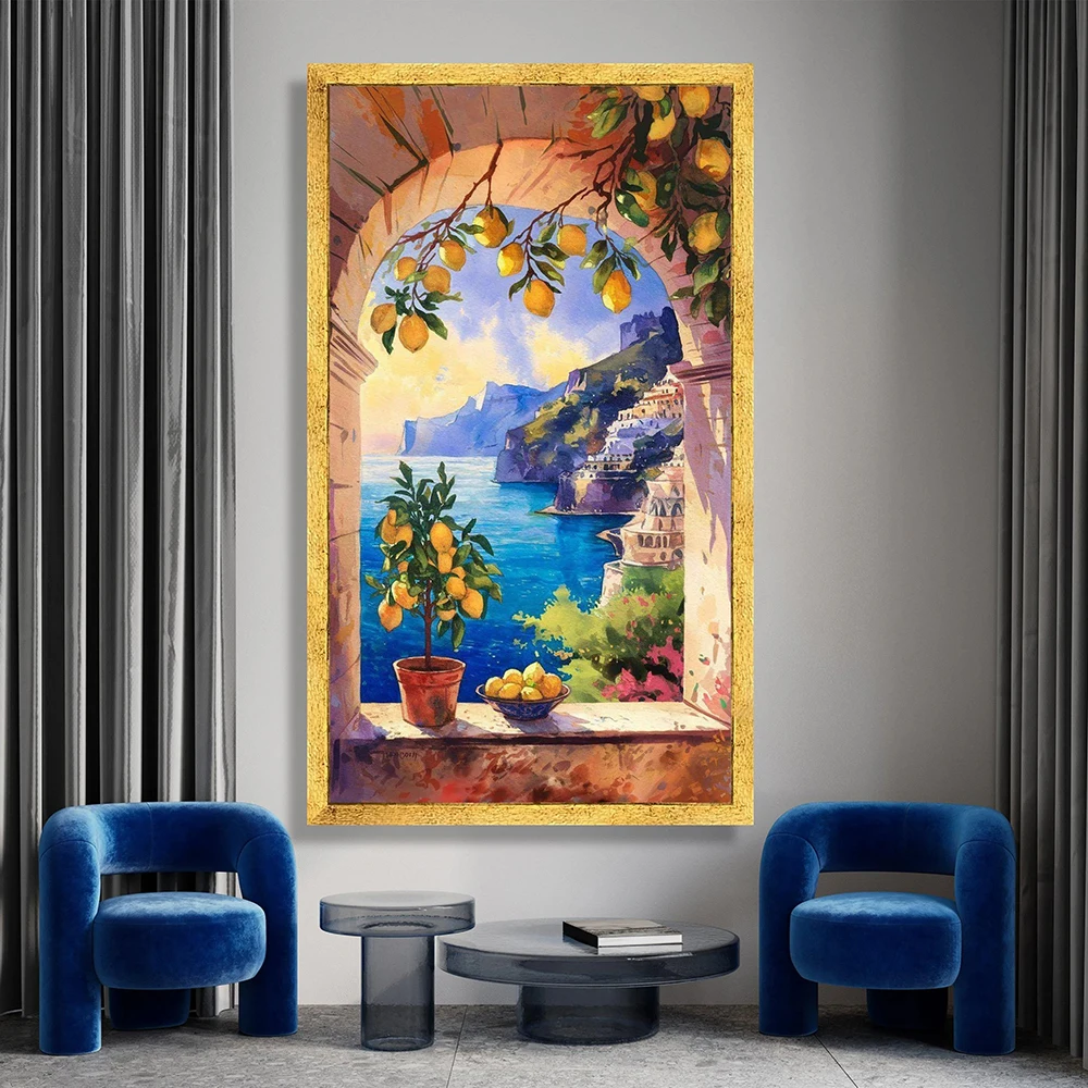 Mediterranean lemon tree canvas, coastal window view wall art, Amalfi Coast landscape, citrus fruit decor, home decor, no frame