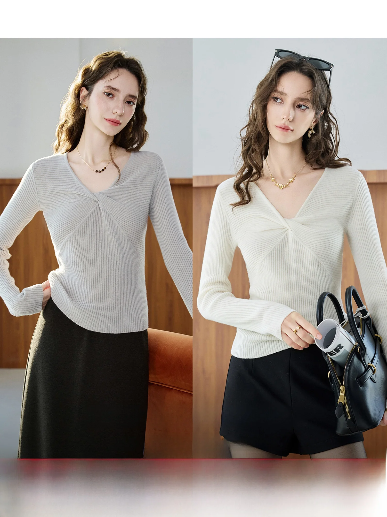 

Ele Nina Twist Knitted 00% Fine Wool Slim Fit Women's Spring Top Soft Cotton Wool V-ne Long Sve Knitwear