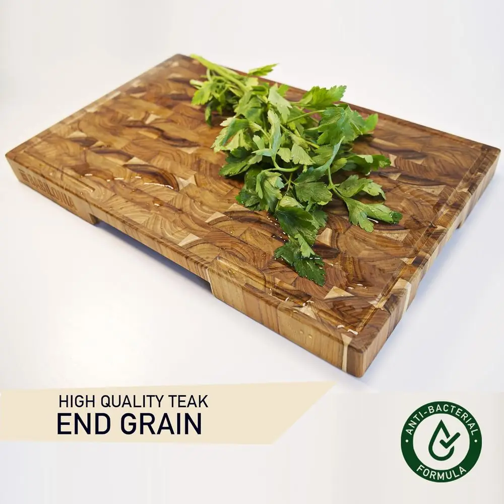 كتلة جزار كبيرة من خشب الساج السميك 1.7 |   لوح تقطيع الحبوب الفاخر بمقبض وزيت ولوحة |   19.7 لتر × 12.2 وات