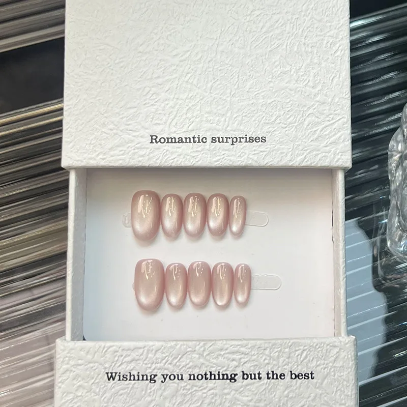 10PCS Sweet Pink Cat Eye Handmade Press on Nails Full Cover Simple Pure Color Short Oval Wearable Fake Nails Finished with Charm