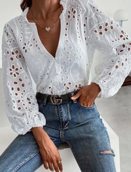 

Woman Blouse 2025 Spring Autumn New White Hollow Out V-Neck Long Sleeve Loose Fit Versatile Casual Daily Shirt Top