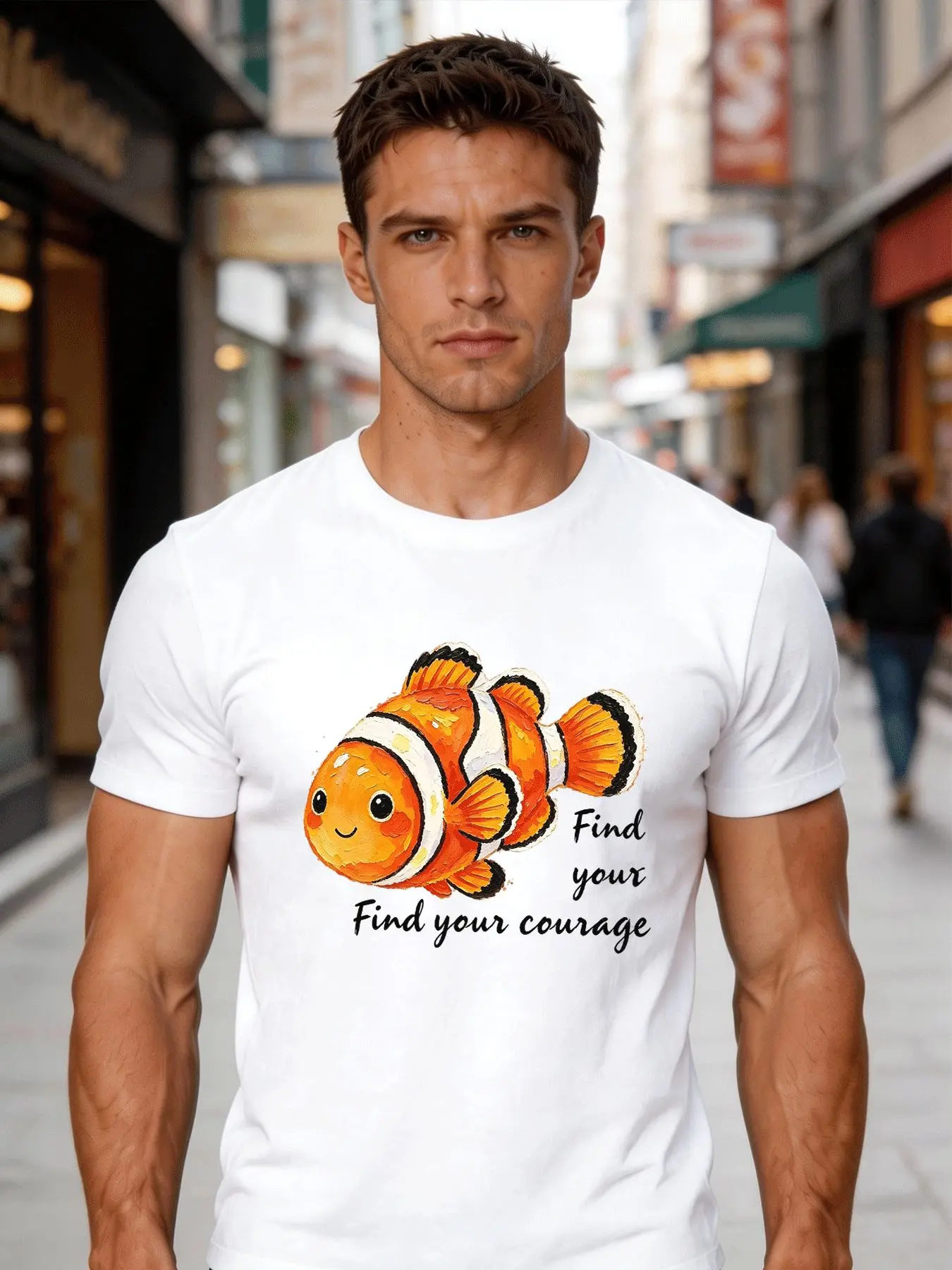 Men Crew Neck Cotton T Shirt Clownfish Find Your Courage Graphic Print Short Sleeve Tops Loose Casual Summer Tees For Young Male