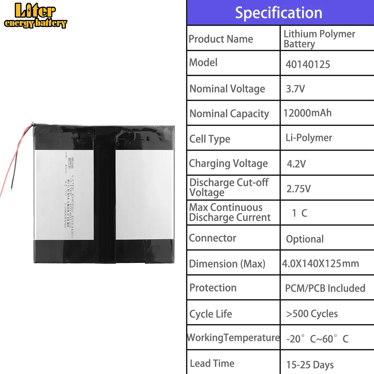 40100100 6000mah 40120130 9600mah 40140125 12000mah 3.7V polymer lithium battery