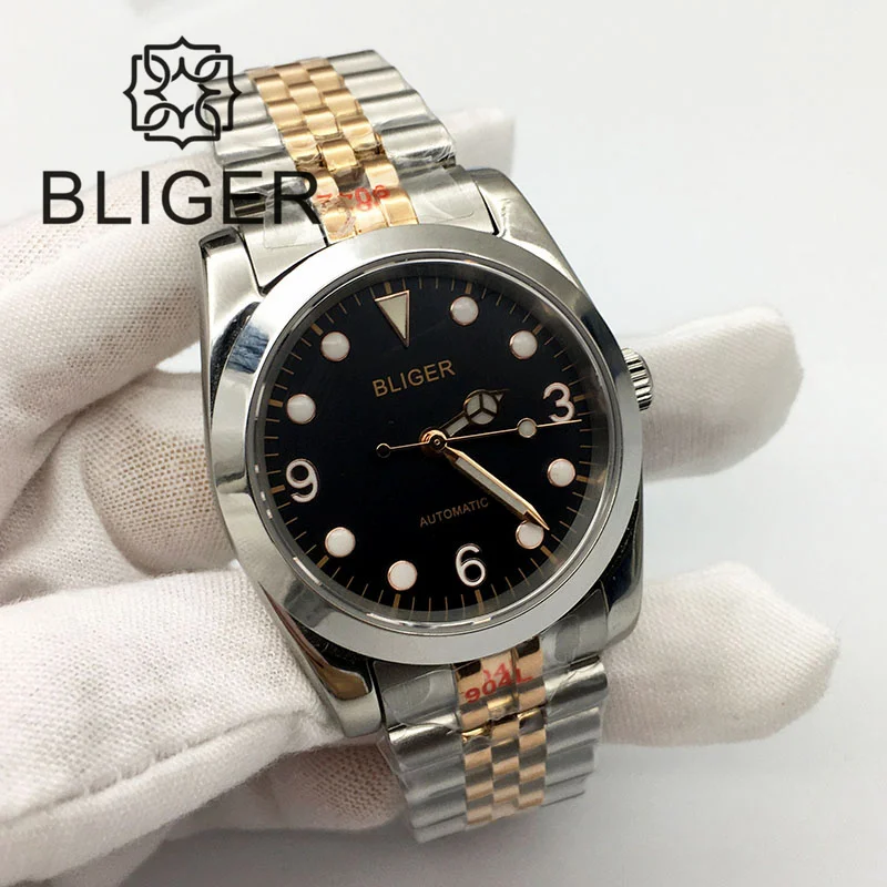 BLIGER 36mm/39mm Mechanical Men Watch 24 Jewels NH35 Polished Two-tone Rose Gold Marks Jubilee Strap Luminous DialSapphire Glass