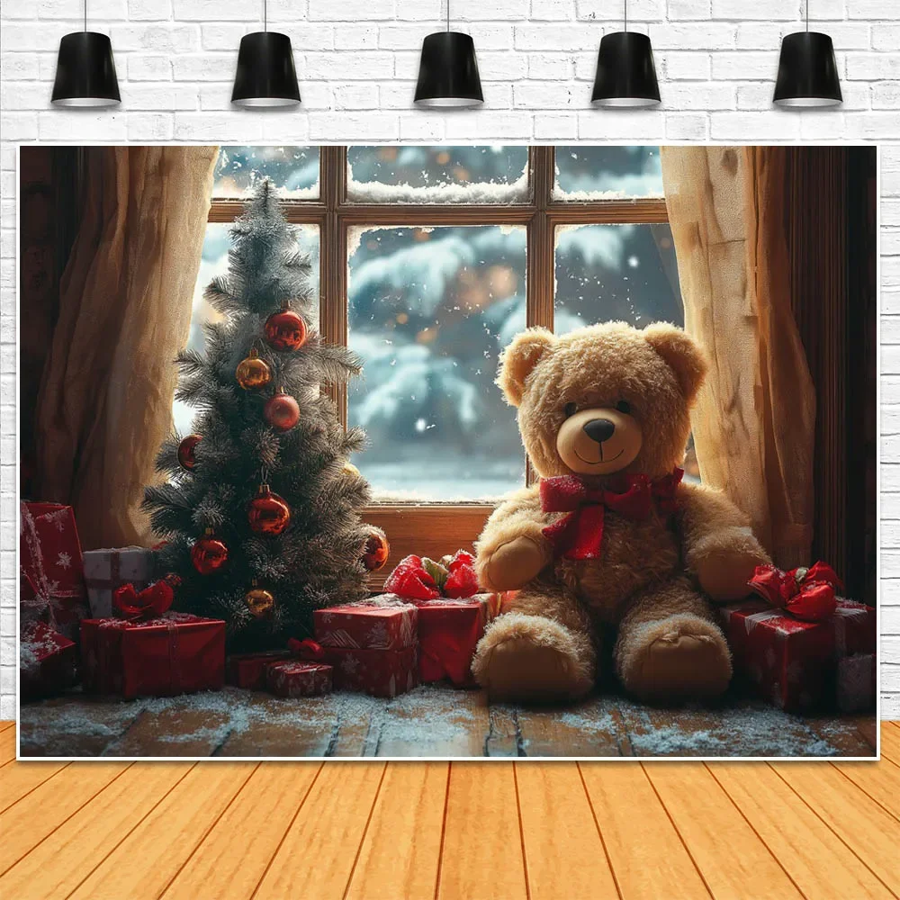 Mocsicka Christmas Photography Background Interior Xmas Tree Bear Gift Box Snow Scene Window Children Photo Backdrop Shoot Props