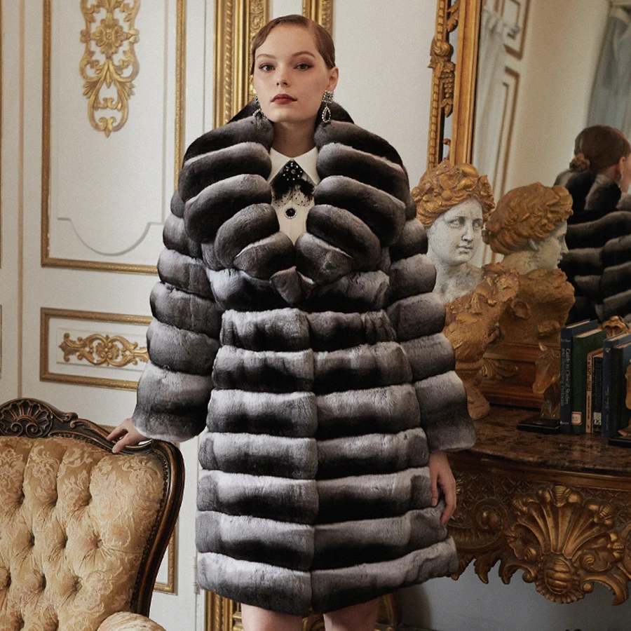 

Natural Rex Rabbit Fur Coat Chinchilla Fur Coat With Lapel Luxury Brands Winter Ladies Real Fur Coats