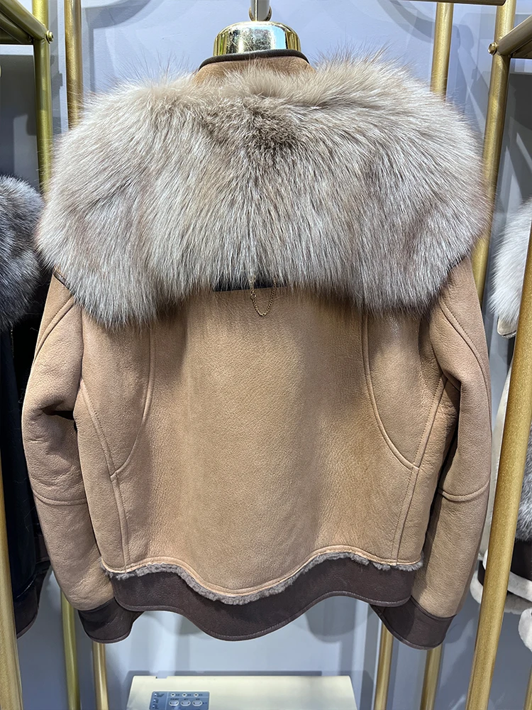 2024 Winter Women Natural Fox Fur Collar Real Merino Sheep Fur Coat Genuine Leather Jacket Thick Warm Luxury Female Coats