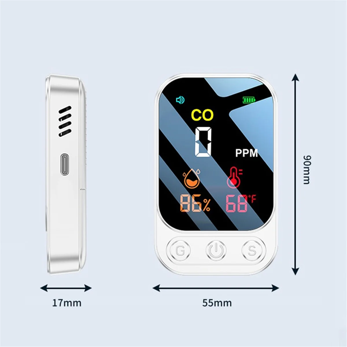 Portátil Monóxido de Carbono Detector, CO Detector, Umidade e Temperatura, Camping, Viagem, Casa, Branco, 3 em 1