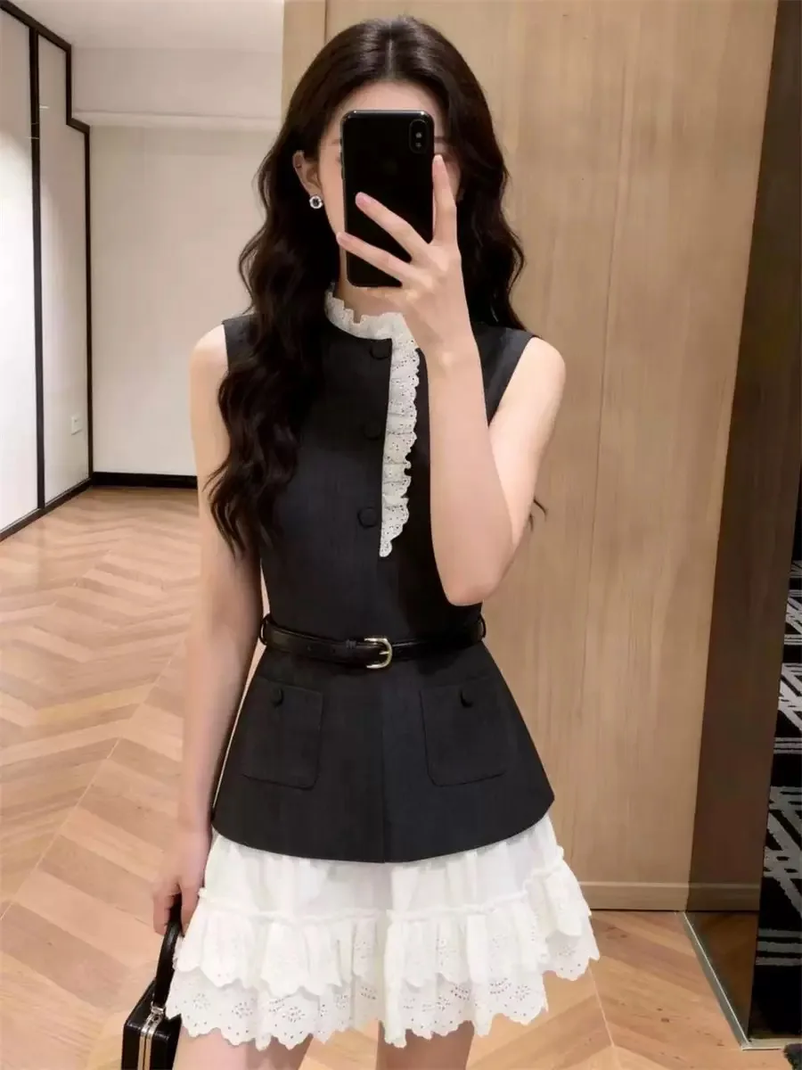 

Elegant A-Line Lace Embroidery Sleeveless Dress Women's High Waist Gauze Summer New Style Color Collision French Style Dress