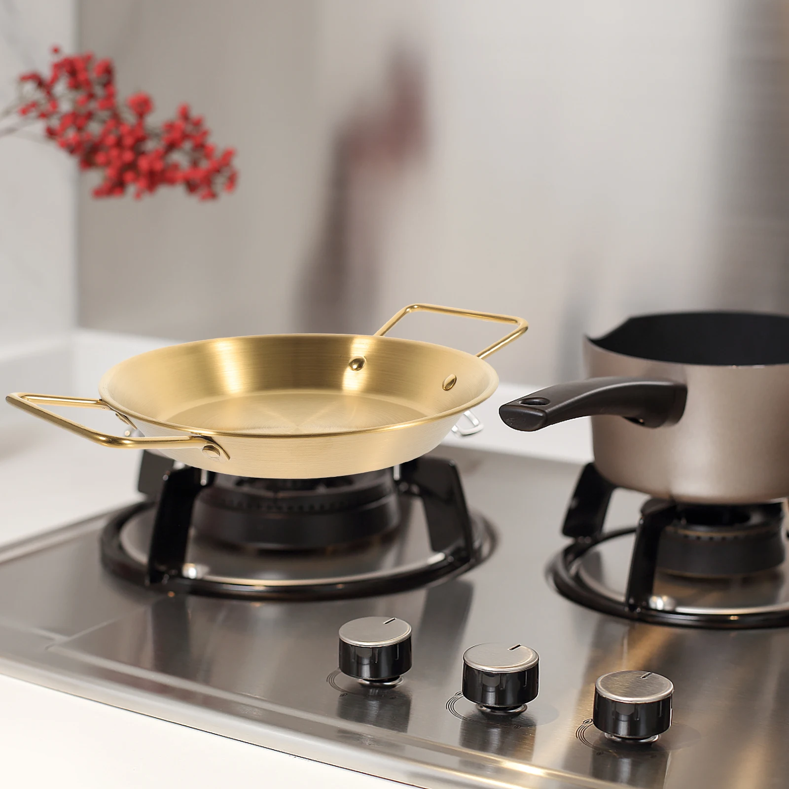 

Stainless Steel Pan 20cm Golden Binaural Frying Pan Camping Saucepan Even Heat Distribution Easy Clean Kitchen Barware