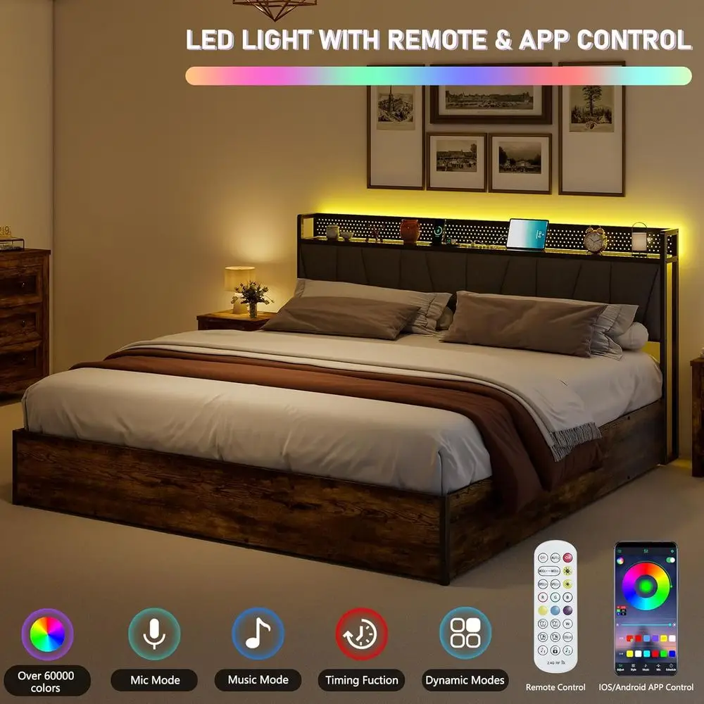 إطار سرير تخزين بحجم كينج مع إضاءة LED ولوح رأسي من الكتان المنجد يتميز بمحطة شحن وإضاءة LED خشبية Pla