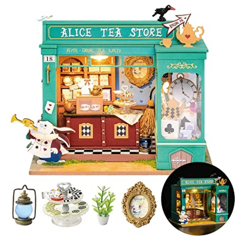 Robotime Rolife Educational Dollhouse DIY Miniature House Kit  Wooden Doll House Alice's Tea Store for Girls Gifts