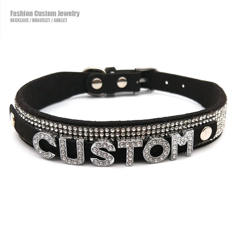 Collar con letras de diamantes de imitación brillantes, Gargantilla personalizada, Sexy, cuero suave negro, nombre personalizado, joyería para fiesta de Cosplay, hombres y mujeres