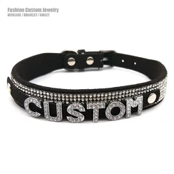 Shiny Rhinestone Letters Custom Collar Choker Necklace Women Men Sexy Black Soft Leather Customized Name Cosplay Party Jewelry