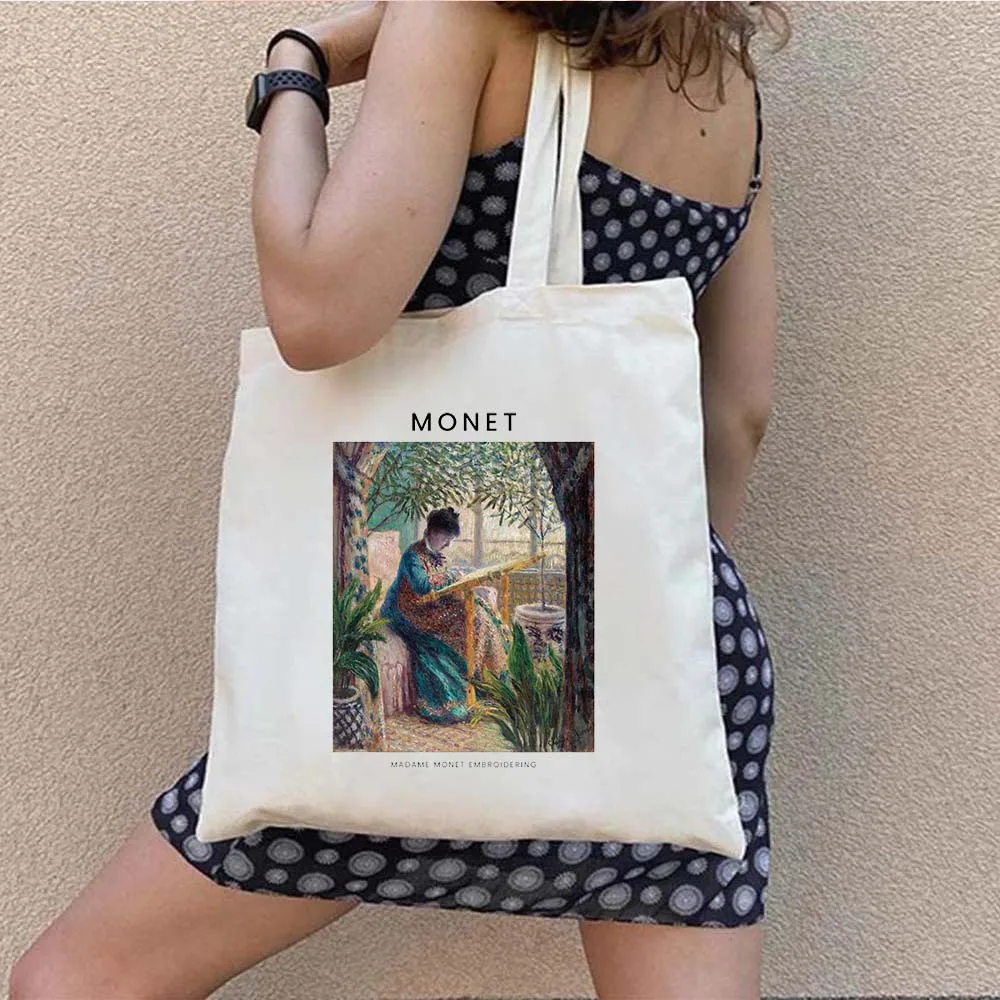 Mulheres ombro lona sacola claude monet nenúfares pinturas de paisagem harajuku compras menina bolsas shopper sacos de algodão