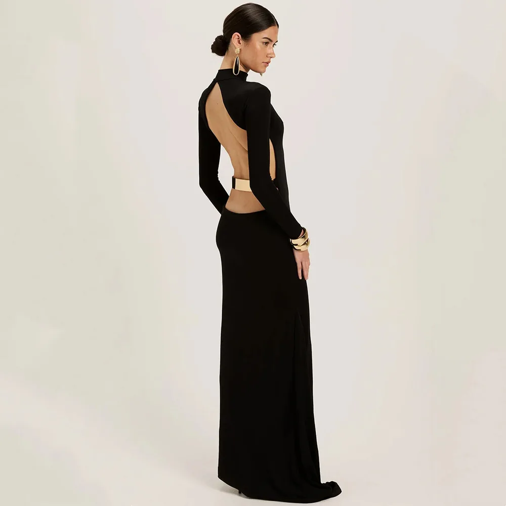 Apprabant-maxivestido de noche metálico elegante para mujer, vestido de fiesta Formal ajustado liso con cuello redondo y espalda descubierta, manga larga