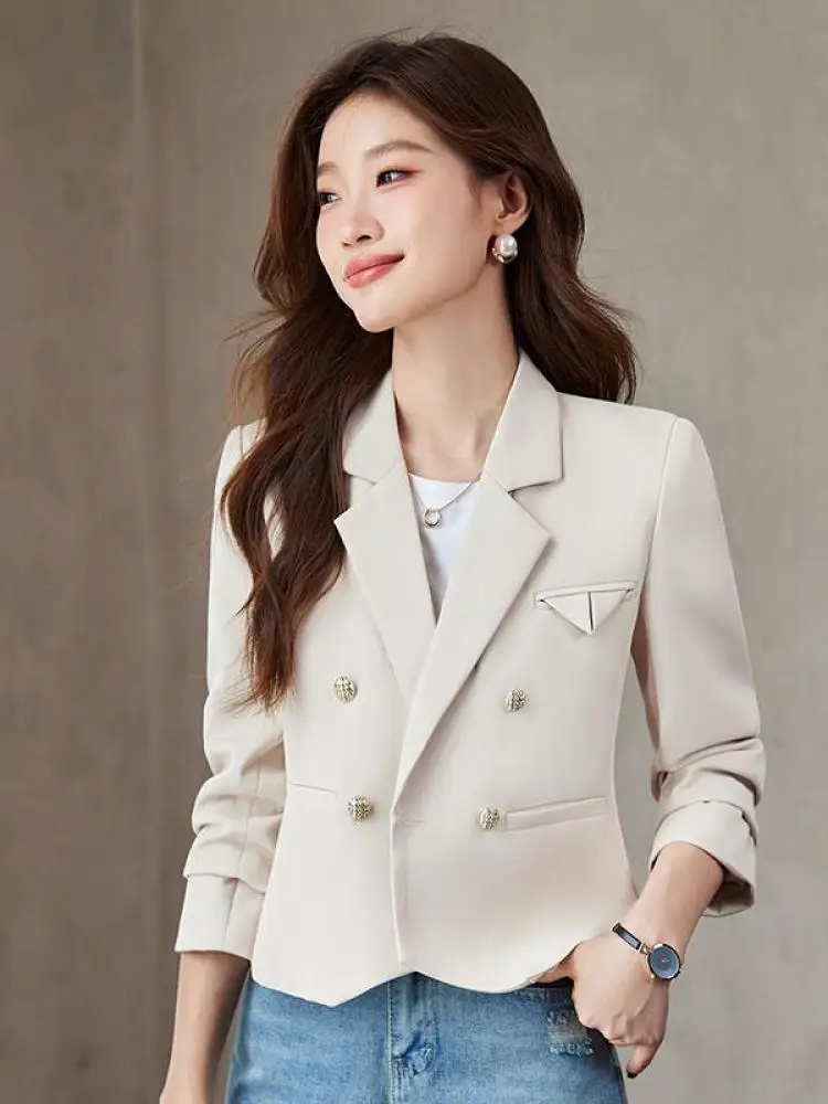 

Autumn Fashion New Black Beige Irregular Blazers Jacket Women Korean Brown Long Sleeve Office Ladies Double-breasted Coat Simple