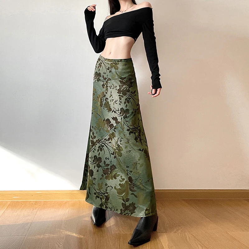 Rockmore Vintage Print Green Trumpet Midi Skirts Y2K Aesthetic Chic Low Waist Long Skirts Grunge Fairycore Holiday Outfits New