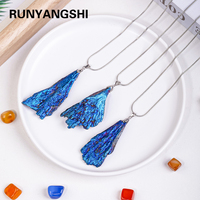 1PC Natural Stones Tourmaline Aura Blue Flame Irregular Feather Shape Healing Crystal Pendant Necklace for Women